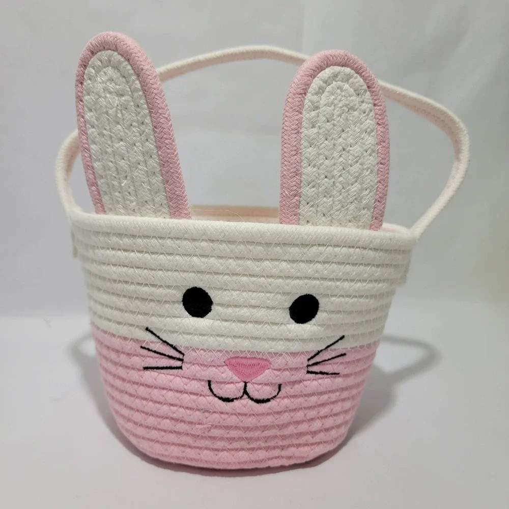 Pink White Bunny Easter Basket Cotton Rope Coiled Storage Tote Rabbit Ears 6in